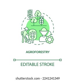 Agroforestry green concept icon. Forest system. Regenerative agriculture technique abstract idea thin line illustration. Isolated outline drawing. Editable stroke. Arial, Myriad Pro-Bold fonts used