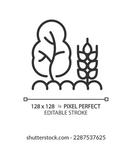 Agroforestry linear icon. Forest farming. Sustainable agriculture. Carbon storage. Land management system. Thin line illustration. Contour symbol. Vector outline drawing. Editable stroke