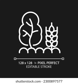 Icono lineal blanco agroforestal para el tema oscuro. Agricultura forestal. Agricultura sostenible. Almacenamiento de carbono. Sistema de ordenación de la tierra. Ilustración de línea delgada. Símbolo aislado para el modo nocturno. Trazo editable