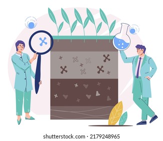 Agronomic studies of soil, analysis and control of pollution of land. Laboratory analysis of the soil for agronomy and farming, flat vector illustration isolated on white background.