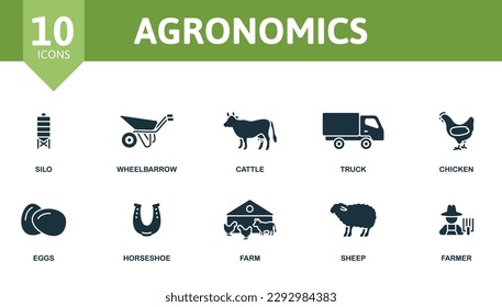 Esquema de agronomía. Iconos creativos: silo, carretilla, ganado, camión, pollo, huevos, herradura, granja, oveja, agricultor.