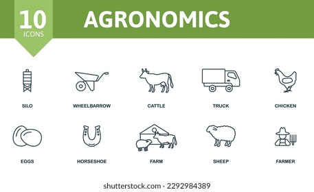 Agronomics outline set. Creative icons: silo, wheelbarrow, cattle, truck, chicken, eggs, horseshoe, farm, sheep, farmer.