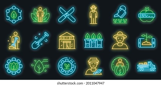 Iconos agrónomos. Conjunto de contornos de iconos de vector agrónomo color de neón sobre negro