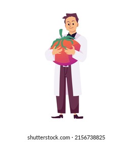 Agronomist male cartoon character in lab coat holding huge tomato, flat style vector illustration isolated on white background. Agronomy for agriculture and farming.