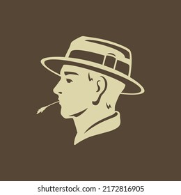 Agronomist man head in hat with straw in mouth agricultural countryside harvest cultivation side view vintage icon vector illustration. Farmer male organic market industrial gardener
