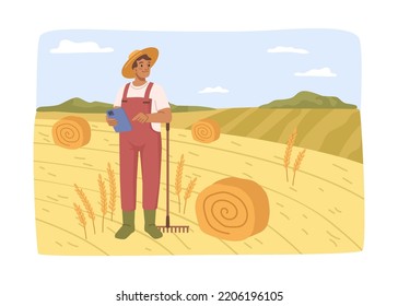 Agronomist mit Notizbuch-Prüfung landwirtschaftlichen Betrieb auf dem Bauernhof. Bauer auf dem Feld mit Heuballen, Erntezeit. Vektorgrafik im flachen Stil, flacher Cartoon-Charakter