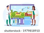 Agronomist observe process of harvesting crops by tractor. Agricultural genetics. Plants growing in test tube. Scientists breeding artificial crop. Flat abstract metaphor cartoon vector concept design