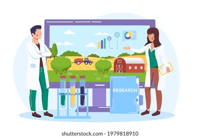 Agronomist observe process of harvesting crops by tractor. Agricultural genetics. Plants growing in test tube. Scientists breeding artificial crop. Flat abstract metaphor cartoon vector concept design