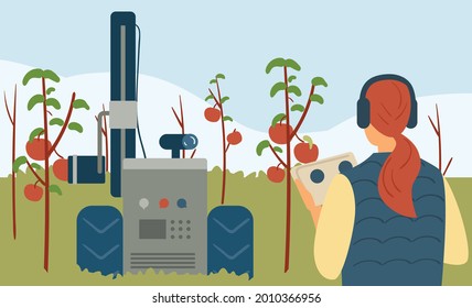 Der Agronomist steuert den Roboterarm entfernt in der smarten Farm Vektor flach Illustration. Intelligente Zugmaschine pflückt Äpfel aus Bäumen auf dem Bauernhof.