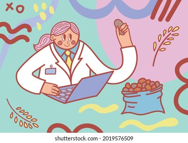An agronomist is testing potatoes on a laptop