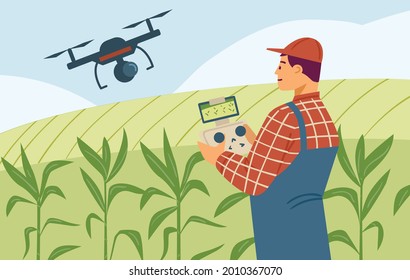 Agrónomo usando tecnología de innovación en el campo de maíz agrícola, ilustración de estilo plano vectorial. El granjero controla el dron remotamente. Agricultura técnica moderna y profesional