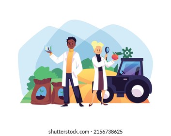 Agronomists in the field with agricultural machinery, flat vector illustration isolated on white background. Selection and agronomy concept for farm and agriculture.