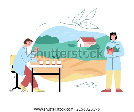 Agronomists work in agricultural industry, vector flat illustration on white background. Agricultural enterprise for the cultivation of eco-crops, seeds, plants