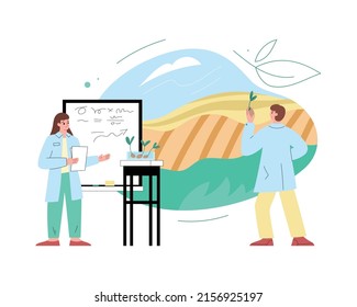 Agronomy abstract concept with scientists doing research, flat vector illustration isolated on white background. Cartoon characters studying agriculture and horticulture. Land and soil analysis.