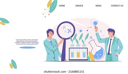 Agronomy and agricultural laboratory website mockup. Soil testing and country natural resource study, plants breeding and genetic modification banner for web, flat vector illustration.