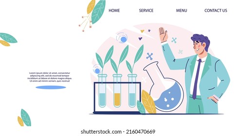 Agronomy and agriculture, biology laboratory research and study of new plant cultivation technologies website mockup. Webpage for plant breeding and genetic modification, flat vector illustration.