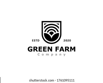 Agronomy Farm Logo with leaf and sun on shield vector