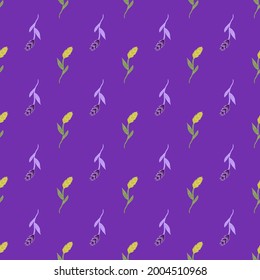 Agronomy flora nature seamless pattern with small ear of wheat ornament. Bright purple background. Graphic design for wrapping paper and fabric textures. Vector Illustration.