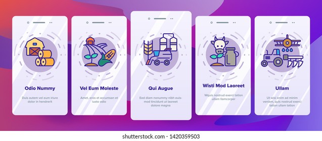 Agronomy Industry Vector Onboarding Mobile App Page Screen. Agronomy Machinery Linear Illustrations. Growing Crops, Fruits Equipment. Farming, Meat, Dairy Products Manufacturing. Illustration