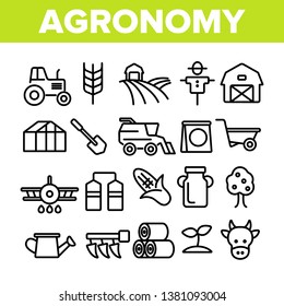 Agronomy Industry Vector Thin Line Icons Set. Agronomy Machinery Linear Illustrations. Growing Crops, Fruits Equipment. Farming, Meat, Dairy Products Manufacturing. Storage Facilities Contour Symbols