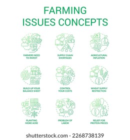 Agronomy issues green gradient concept icons set. Agriculture business problem. Challenges farmers face idea thin line color illustrations. Isolated symbols. Roboto-Medium, Myriad Pro-Bold fonts used