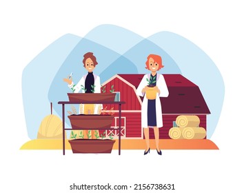 Agronomy scene with female scientists studying plants on farm, flat vector illustration on white background. Agronomist women cultivate and test vegetables. Concepts of harvesting and agriculture.