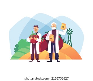Agronomy scientists with excellent harvest and new variety of seeds for planting in flat vector illustration. Male cartoon characters in white coats hold vegetables and sachets on background of farm