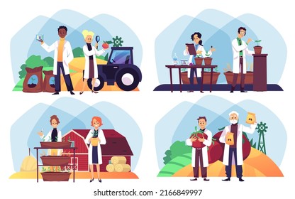 Agronomy scientists study plants in lab, on farm, producing harvest, discovering new varieties of seeds. Set with male, female cartoon agronomist characters in white coats in flat vector illustration