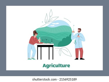 Agrowissenschaftler, die Landwirtschaft studieren und den Boden in Teströhren analysieren, flache Vektorgrafik auf weißem Hintergrund. Cartoon-Figuren von Mann und Frau. Land- und Landschaft.