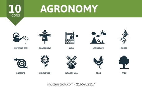 Agronomy set icon. Editable icons agronomy theme such as watering can, well, roots and more.
