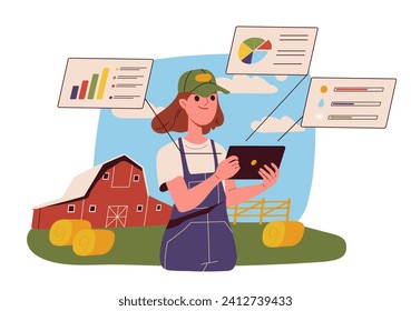 Konzept der Frau in der Landwirtschaft. Junge Mädchen mit Tablette auf smartem Bauernhof. Moderne Technologien und Innovationen. Bauer mit Diagrammen und Diagrammen. Cartoon-FlachVektorgrafik einzeln auf weißem Hintergrund