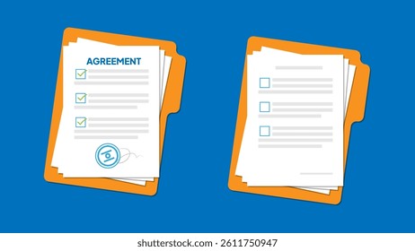 Agrrement papers. Document. Folder with stamp and text. Stack of contract document with signature and approval stamp. Flat design vector illustration. Can used for element presentation, etc