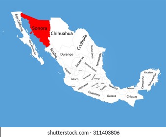 Agua Prieta Sonora, Mexico, vector map silhouette isolated on Mexico map. Editable blank vector map of Mexico. 