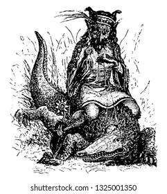 Aguares was Grand Duke of eastern part of hell and demon leader who shows himself straddling a crocodile and sparrow hawk in hand , vintage engraved line art illustration. Infernal Dictionary 1863.