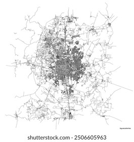 Mapa de la ciudad de Aguascalientes con carreteras y calles, México. Ilustración de contorno de Vector.