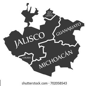 Aguascalientes - Jalisco - Colima - Guanajuato - Michoacan Map Mexico illustration