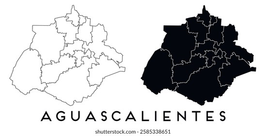 Aguascalientes map of regions districts vector black on white and outline