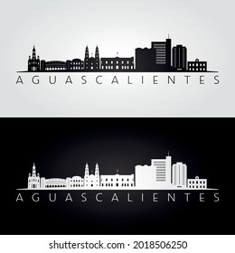 Escenario de Aguascalientes y silueta de monumentos, diseño blanco y negro, ilustración vectorial.