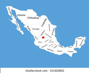 Aguascalientes, state in Mexico, vector map silhouette isolated on Mexico map. Editable blank vector map of Mexico. 