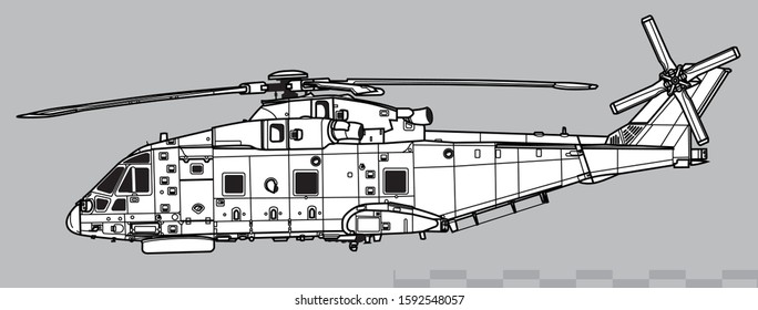 AgustaWestland AW101 Merlin. Vector drawing of military helicopter. Side view. Image for illustration. 