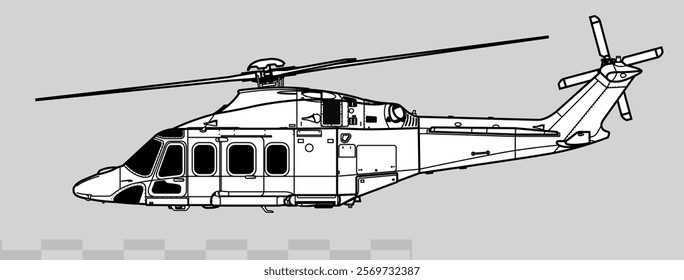 AgustaWestland AW139. Leonardo AW139. Vector drawing of medium multirole helicopter. Side view. Image for illustration and infographics.