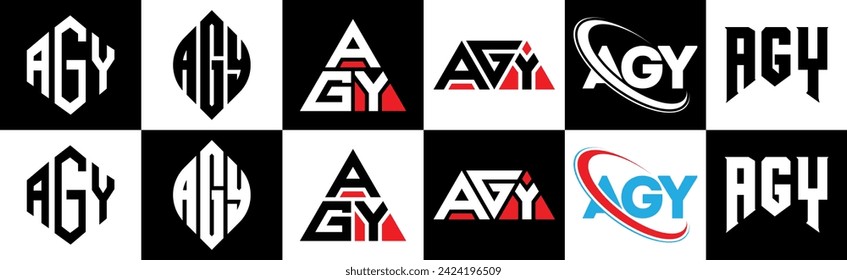 AGY letter logo design in six style. AGY polygon, circle, triangle, hexagon, flat and simple style with black and white color variation letter logo set in one artboard. AGY minimalist and classic logo