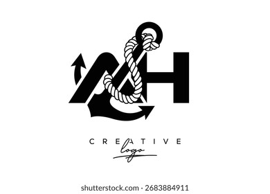 AH Criativo Monograma Último logotipo com âncora e design de corda
