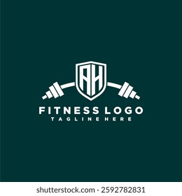 AH initial monogram for fitnes or gym logo with creative shield and barbell design