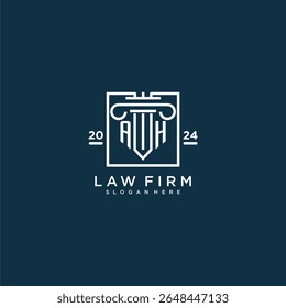 Logotipo do monograma inicial de AH para escritório de advocacia com design de pilares em quadrado criativo