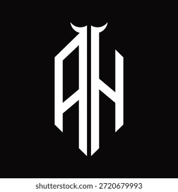 AH Logo monograma con forma de cuerno aislado Plantilla de diseño en blanco y negro sobre fondo negro