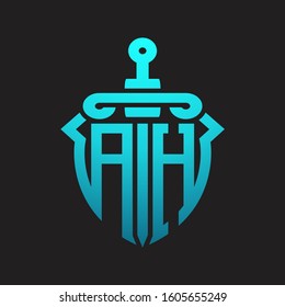 AH Logo monogram with sword and shield combination isolated blue colors gradient