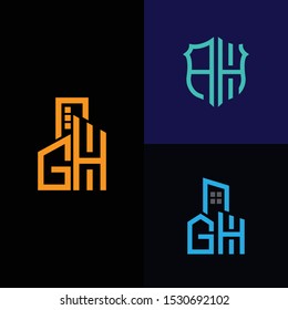 AH logo set and modern graphic design, Inspirational logo design for all companies and Initial GH logo set concept with vector building templates for construction.