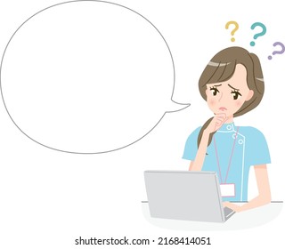 Ah Speech Bubble Wiss Ah Junge Frau Rooking auf Ah Computer-Bildschirm und Wandern