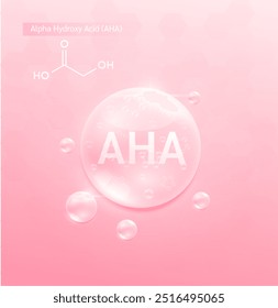 AHA Alpha Hydroxy Acid solución rosa y fórmula de estructura química. Suero para el cuidado de la piel de la cara para los anuncios de cosméticos. Ciencias de la belleza médica. Vector EPS10.